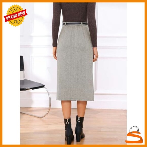 High Waisted Midi Pencil Skirt with Slit & Belt - Office Work Wear - Picture 4 of 6